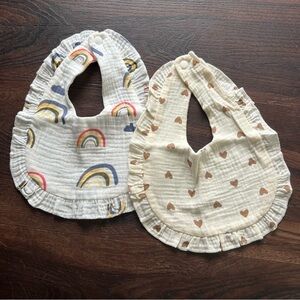NEW set of 2 ruffle baby girl bibs with hearts and rainbow designs